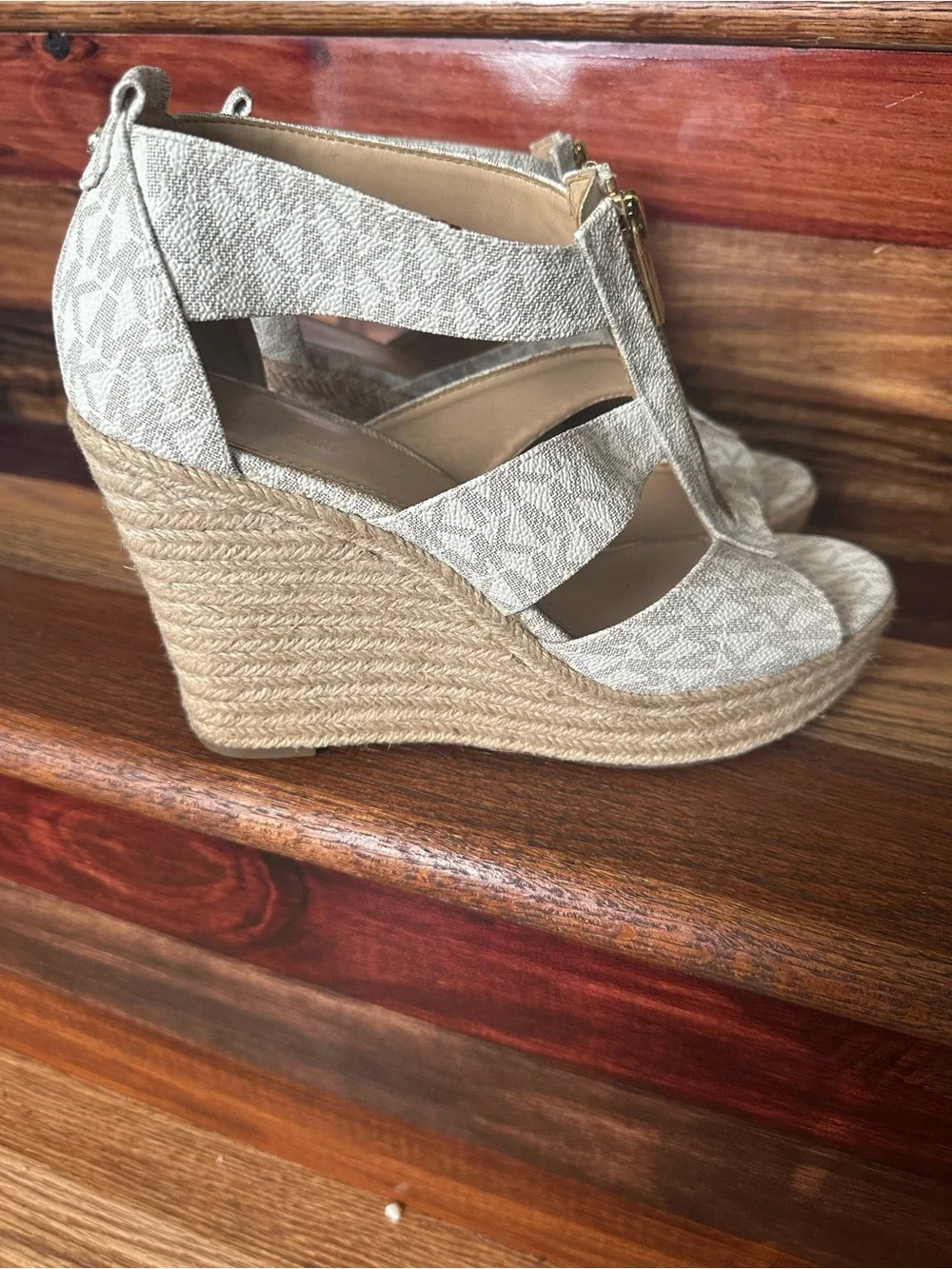 Michael Kors Beige Logo Espadrille Wedge Sandals with Gold Zip Accent